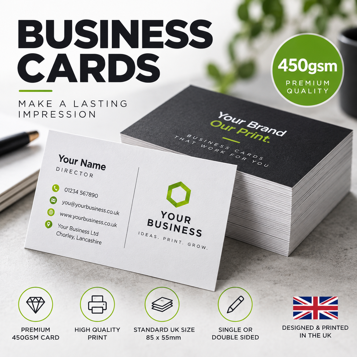 450gsm Business Cards – Premium UK Size 85 x 55mm | Full Colour Printing